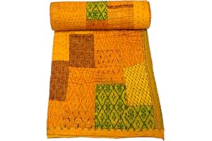 Marubhumi Indian Handmade Quilt Indian Silk Sari Kantha Quilted Patchwork (Yellow, King (108"x 108"))
