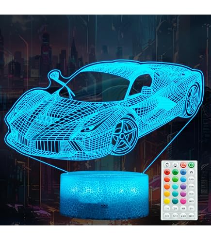 3D Sports Car Night Light - 16 Color LED, Remote Control, USB Powered Acrylic Lamp