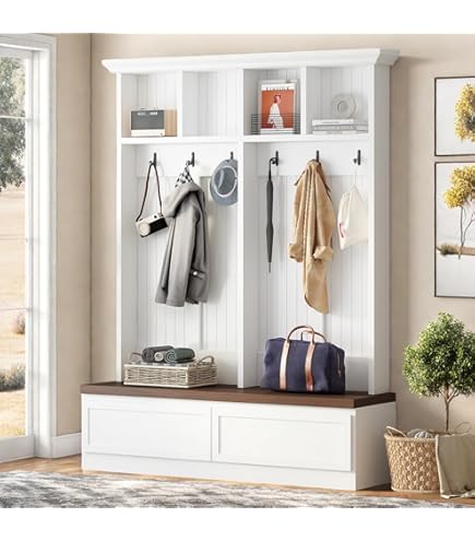 Amazon.com: Merax Wood Hall Tree Entryway Bench with 6 Hooks