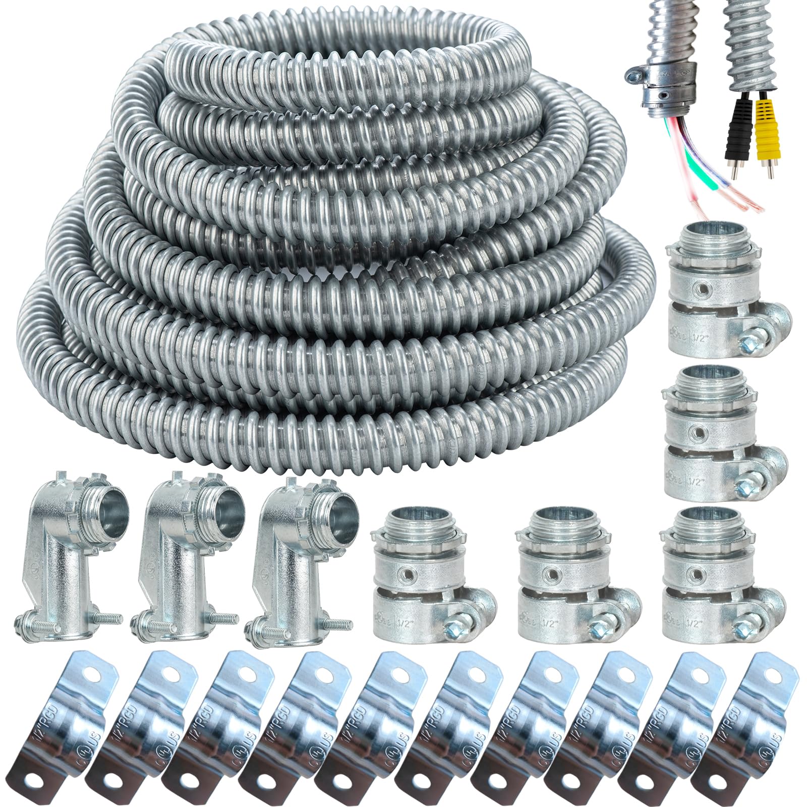 Photo 1 of (1/2" Dia * 50 Feet) Yariwiz Flexible Steel Electrical Conduit Liquid Tight Steel Conduit Kit with 5 PCS Coupling, 3 PCS Elbow and 10 PCS Strap, Flex Liquidtight S-LCCK-0.5-50FT-KIT