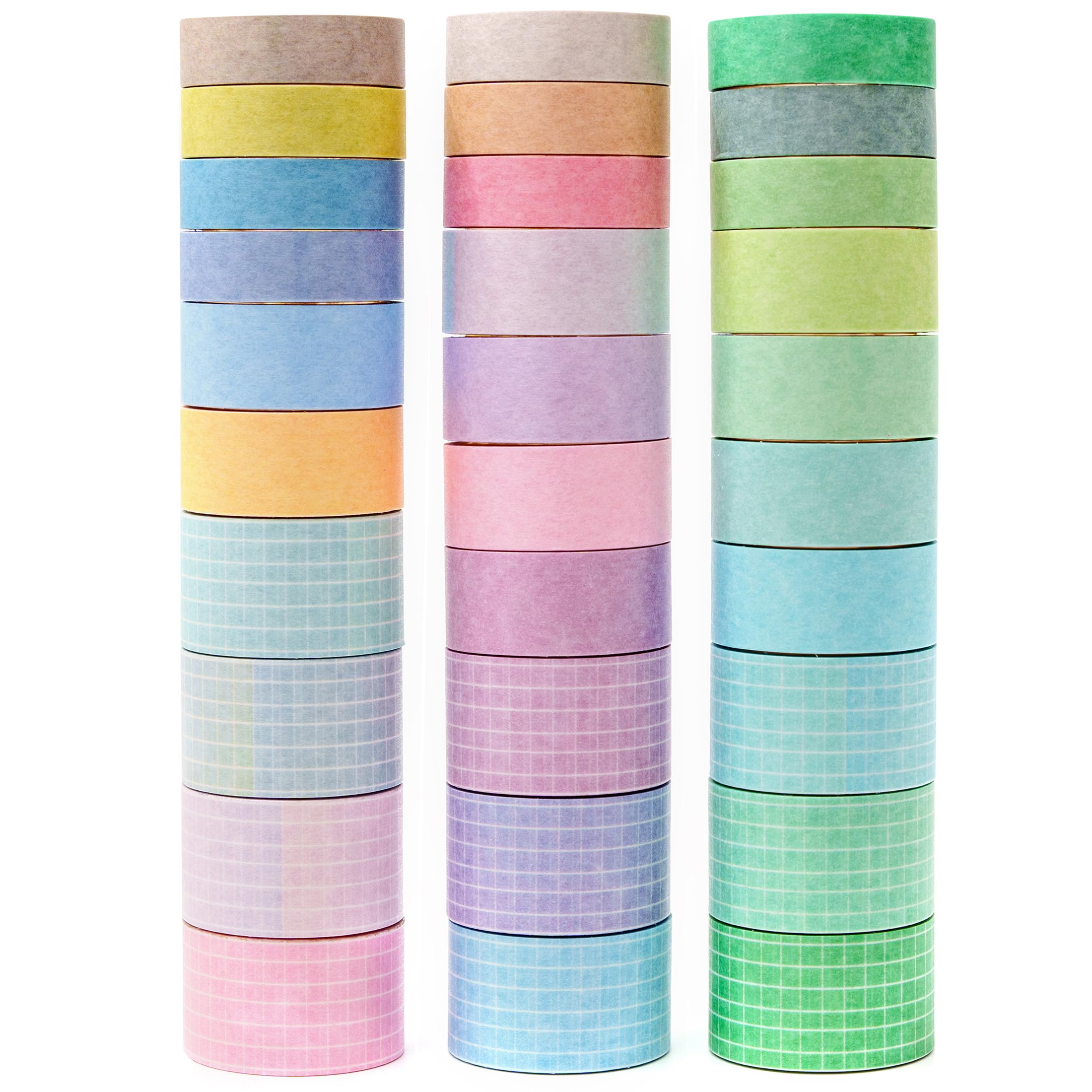 MAGLITT Basic Washi Tape Set 30 Rolls Solid Colors Grid Decorative Tapes Pack for Journals, Planners, Scrapbooking, Gift Wrapping, DIY Crafts (Solid Colors & Grid)