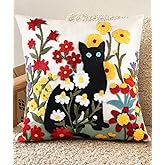 Kokaaee Embroidered Throw Pillow Covers - 18x18 Decorative Pillow Covers with Zipper Aesthetic Cute Design Boho Summer Linen Throw Pillowcases for Living Room Couch Sofa Bed, Flower Cats