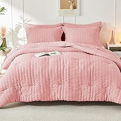 HYMOKEGE Rose Pink Queen Comforter Set Seersucker 7