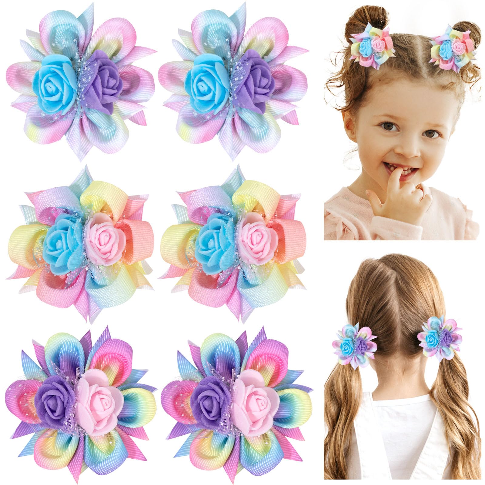 Photo 1 of TOKUFAGU 6PCS Hair Bows for Girls, Flower Hair Clips Rainbow Hair Accessories for Girls Toddler Bows with Alligator Clips 