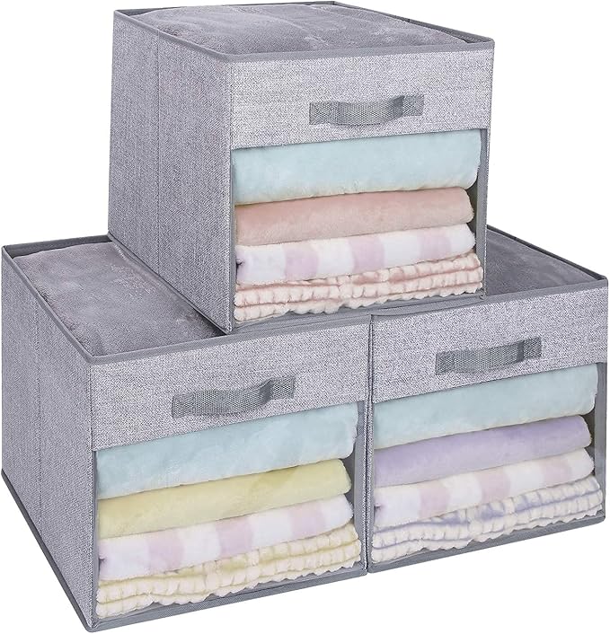 DIMJ Cube Storage Bins, 3 Packs 13 x 13 x 13 Clear Window Fabric