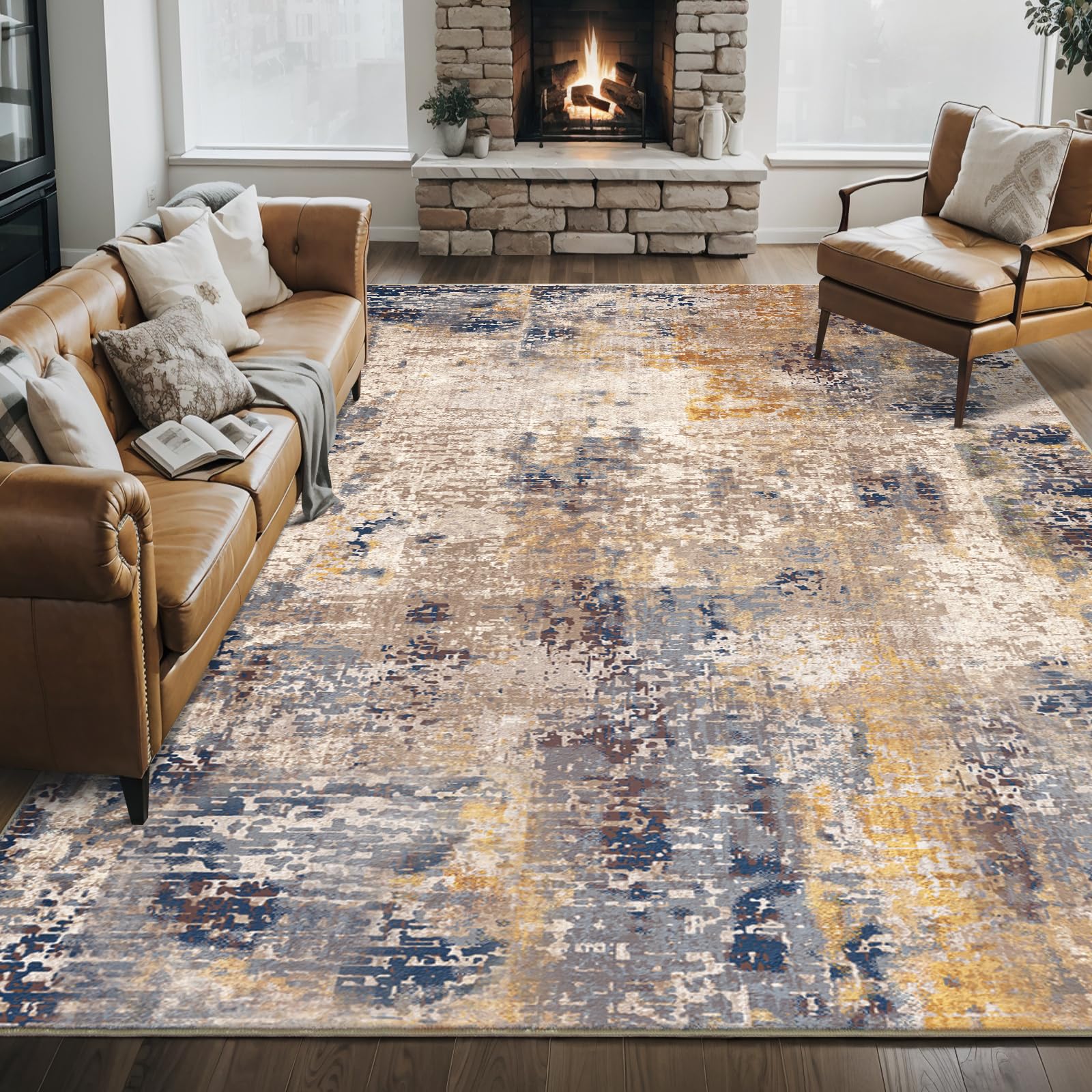 Photo 1 of Area Rug 5x7 Washable Rugs Modern Abstract Area Rug Soft Non-Slip Non-Shedding Faux Wool Stain Resistant Floor Carpets for Living Room Bedroom Dining Room Kids Room Home Office (Beige, Brown)