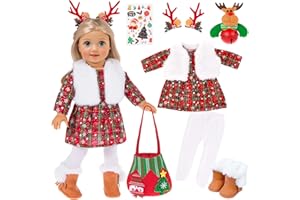 ebuddy 18 inch Doll Clothes and Accessories- Christmas Costume Playset Including Dress,Fur Vest, Tights, Boots, Hair Clips,Bell and Sticker (No Doll)
