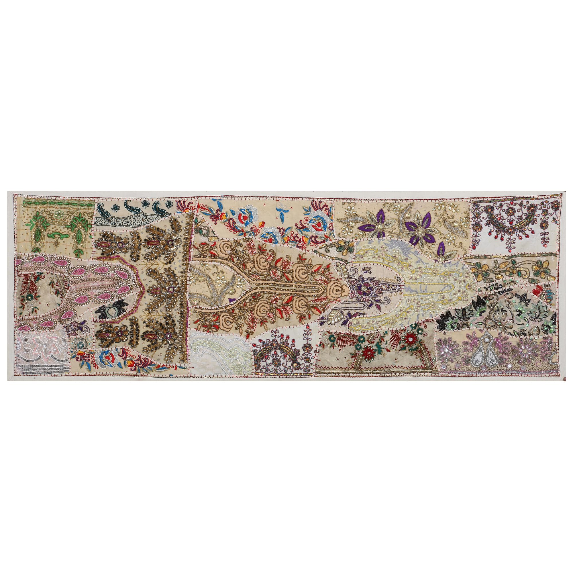 Ethnic Cotton Decorative Indian Dinning Art Table Patchwork Beads Embroidered Room Handmade Decor Cloth Table Runner (White, 12" x 60")