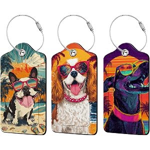 Funny Dog Sunglasses 3 Pack Luggage Tags for Suitcases, PU Leather Baggage Suitcases Tag Name ID Label Privacy Cover Travel B