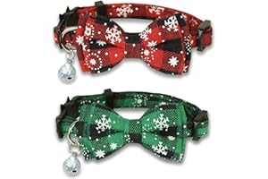 Pohshido 2 Pack Christmas Cat Collar with Movable Bowtie, Holiday Cat Bowtie Plaid Patterns, Breakaway Buckle Safety Kitty Kitten Collar with Bell, Adjustable Pet Collar for Cats and Puppies