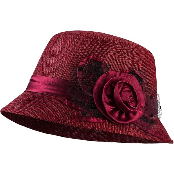 WOMEN\'S GATSBY LINEN CLOCHE HAT WITH LACE BAND AND FLOWER, RED, ONE SIZE DJN Under $5 Women main image 4