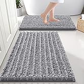 Smiry Bathroom Rugs Sets 2 Piece, Soft Absorbent, Non Slip Rubber Backing Machine Washable Quick Dry Chenille Bath Rug Set for Tub, Shower, and Floor (30" x 20" Plus 24" x 16", Grey)