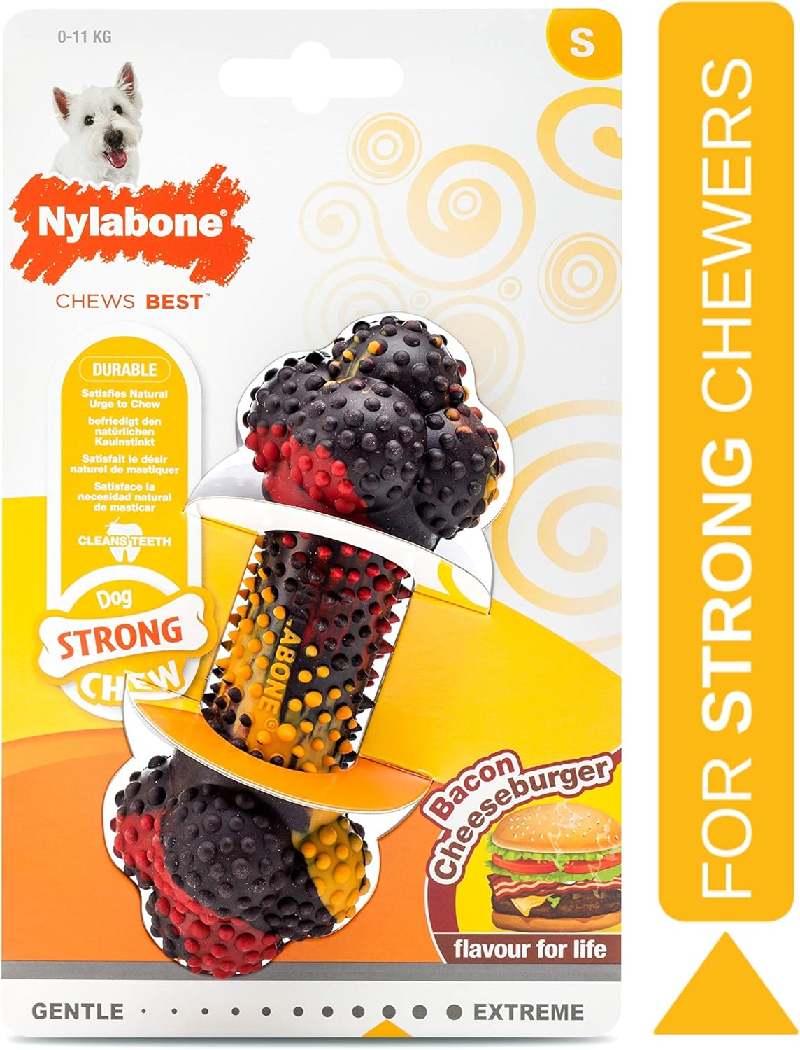 Nylabone Strong Tough Durable Rubber Dog Chew Toy Bone, Bacon Cheeseburger Flavour, Small, for dogs up to 11kg - Image 3