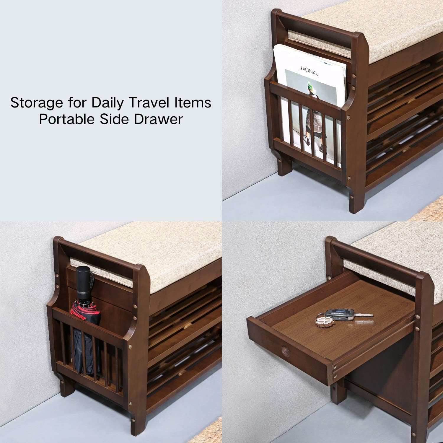 Shoe Bench Rack Nnewvante Shoe Organizer with Storage Basket Side Drawer Bamboo Removable Padded Cushion Seat for Entryway Hallway Living Room Bathroom-29.5in: Kitchen & Dining