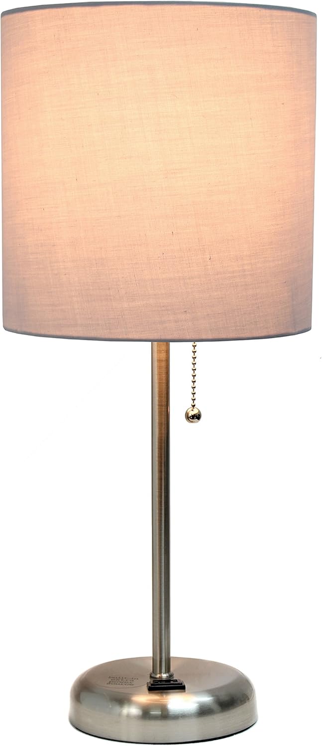Limelights LT2024-GRY Brushed Steel Lamp with Charging Outlet and Fabric Shade, Grey - - 