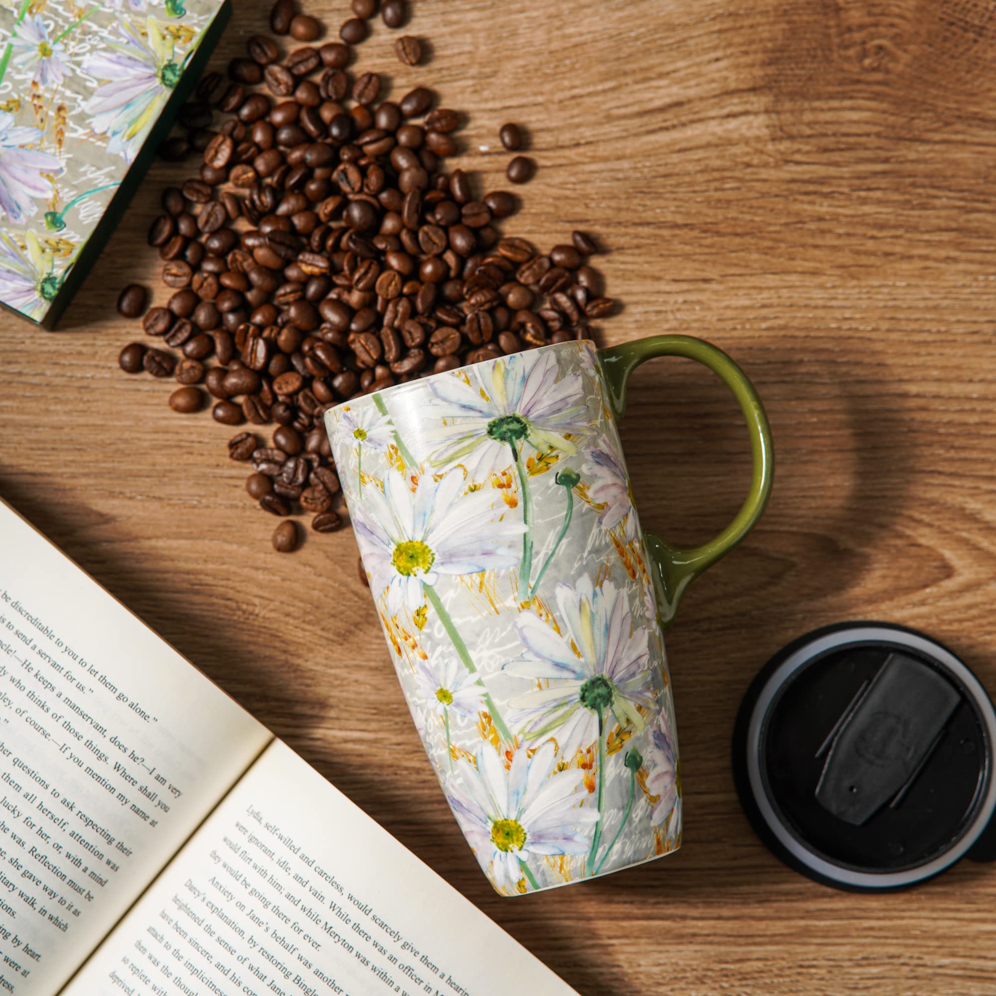 DUSVALLY Ceramic Mug Large Coffee Cup Tall Mugs Porcelain Latte Tea Cup with Lid 17oz,Daisy