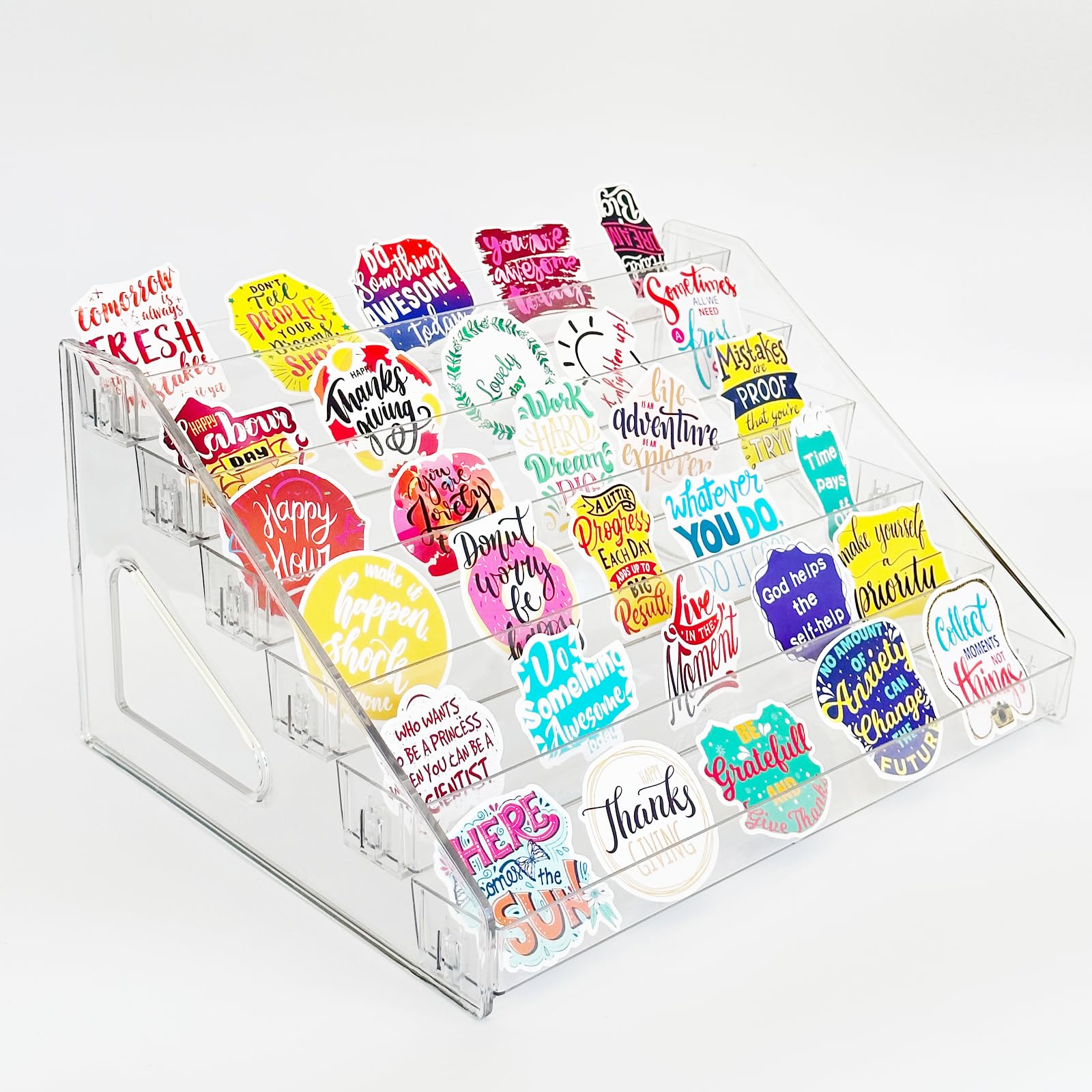 Photo 1 of GYSLEOT Card Display Stand, Acrylic Risers Greeting Card Display Sticker Holder, 7-Tier Clear Acrylic Shelves for PSA Graded Card,Baseball Sports Card and Postcard Sticker Display