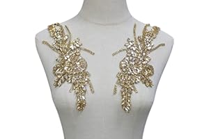 PEARLY JUN 1 Pair Rhinestone Beaded Applique Patches Gold Yellow Handcrafted Clothing Diamond DIY for Evening Dresses Bridal Gowns Dance Costumes Embellishments