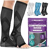 BraceAbility Compression Socks for Circulation - 20-30 mmHg Knee High Neuropathy Open Toe Stockings Best for Varicose Veins, Restless Leg, POTS, Toeless Support for Men or Women - 1 Pair (L - Black)
