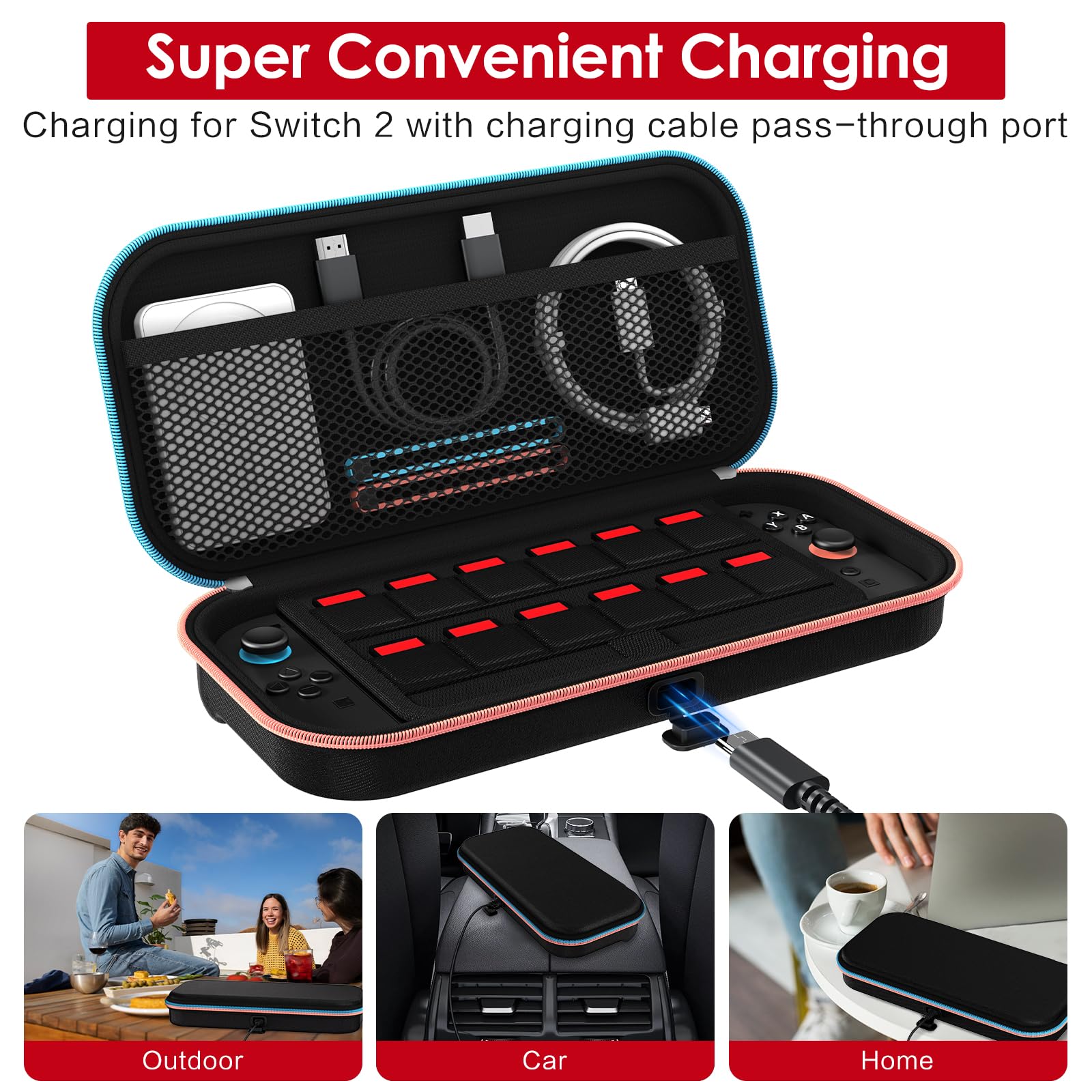 ivoler Charge inside Carrying Case for Nintendo Switch 2 Console 2025, Travel Case with Charging Cable Port, Holds 12 Game Cards Cartridge for Switch 2 Accessories– Black