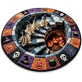 3D Haunted Staircase Round Rug, Optical Illusion Halloween Mat，04：39.4in | Non-Slip Soft Fabric; Quilted Design; Skeleton & Ghost Pattern; For Living Room, Entryway & Halloween Party