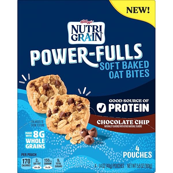 NUTRI-GRAIN POWER-FULLS SOFT BAKED OAT BITES, PROTEIN SNACKS, WHOLE GRAIN, CHOCOLATE CHIP, 5.6OZ BOX (4 POUCHES)