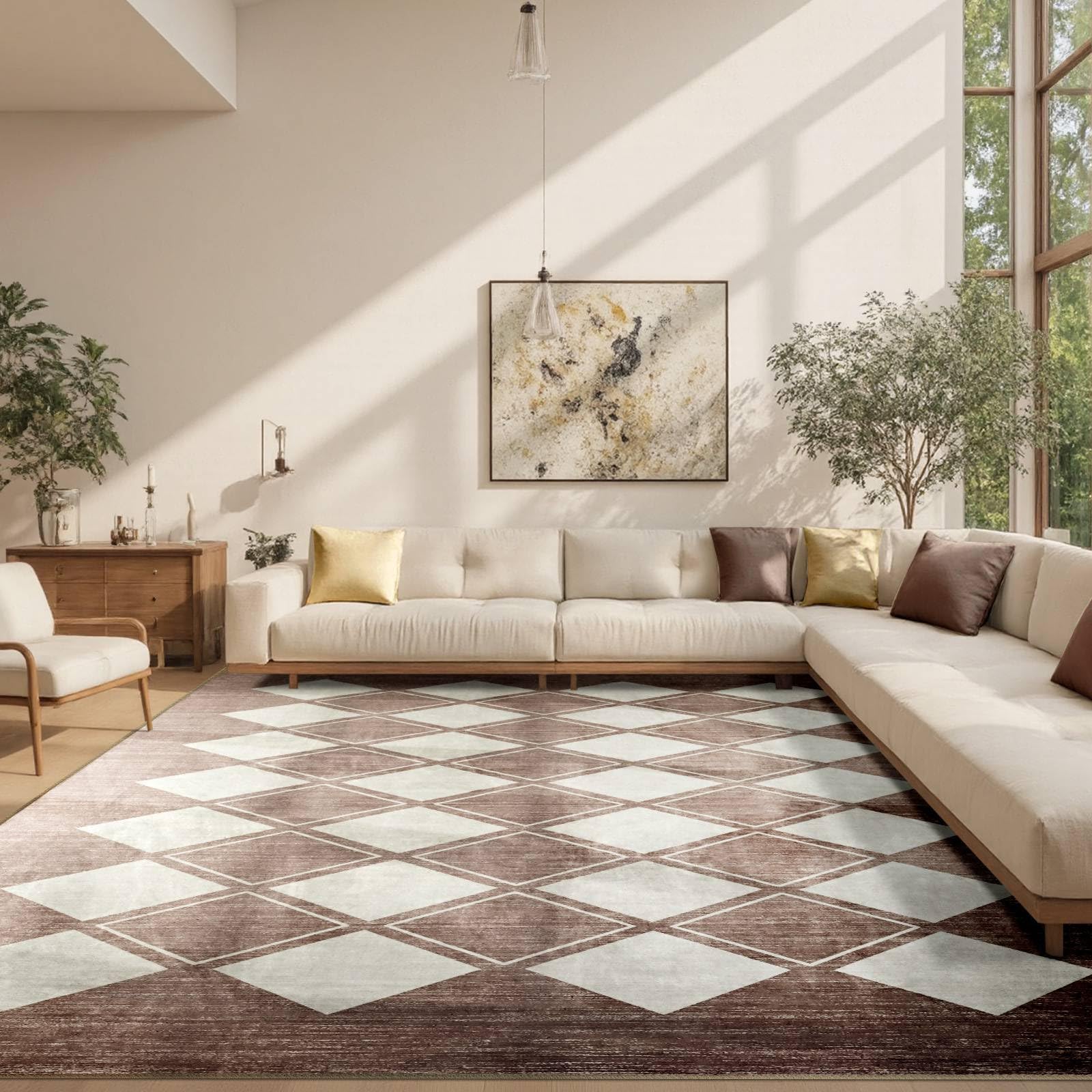 Photo 1 of (please see all images) 8x10 Washable Area Rug for Living Room Bedroom, Checkered Rug Non-Slip Fuzzy Fluffy, Indoor Modern Carpe for Home Aesthetic Decor(Beige and White)