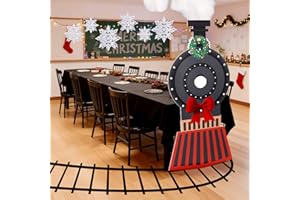 Oudain 9 Pcs Christmas Express Train Decoration 3D Snowflake Ornaments Christmas Cardboard Train with Railroad Rug Black Tablecloth for Express Xmas Birthday Party Gift School Classroom Decor