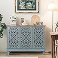 PHI VILLA Buffet Cabinet Hollow-Carved 3-Door Sideboard Credenza Farmhouse Handmade Accent for Living Room/Kitchen/Entryway Storage Blue