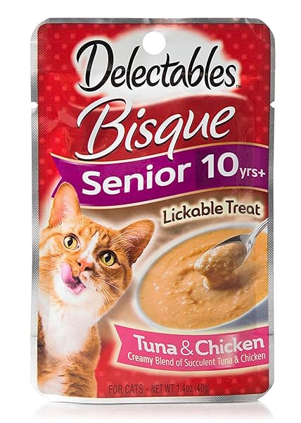 “HARTZ DELECTABLES SENIOR BISQUE LICKABLE CAT TREATS – TUNA/CHICKEN 4 POUCHES”