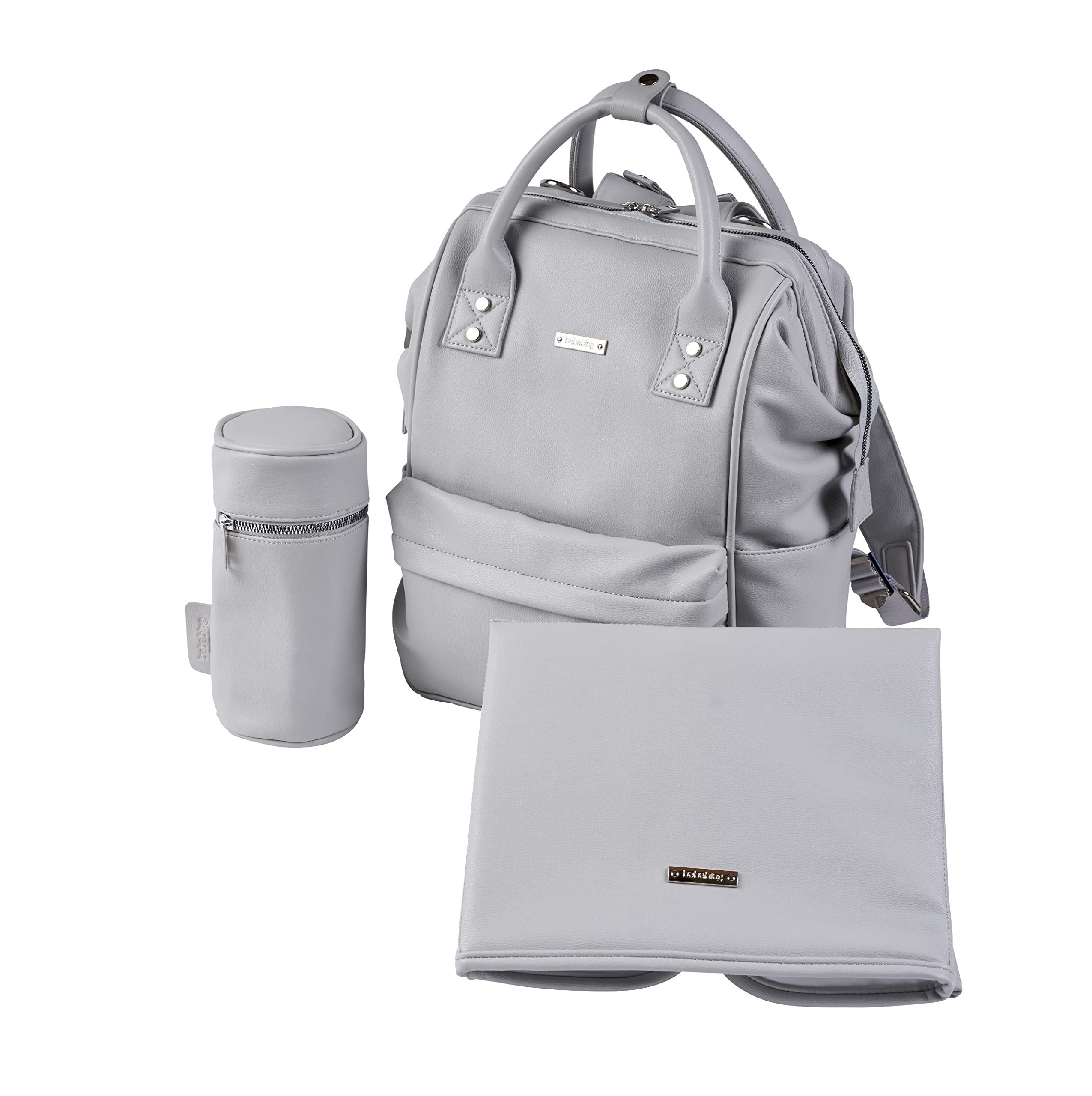 baba bing | Mani Baby Changing Bag Large Backpack with Adjustable Shoulder Straps | Multifunction Baby Bag Backpack with Detachable Changing Mat & Insulated Bottle Holder | Dove Grey Leatherette