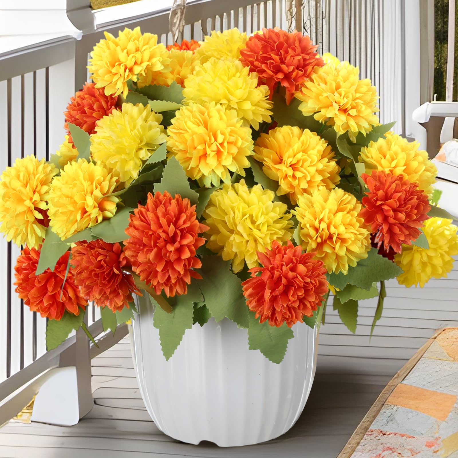 Photo 1 of Glitinsel 12 Pcs Fall Artificial Chrysanthemums Flowers for Outdoor Autumn Silk Florals with 6 Heads Flower Fall Fake Mums Faux Bouquets for Garden Yard Porch Patio Decor(Light Yellow, Orange, Yellow)