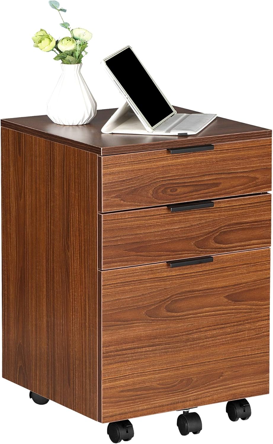 JJS 3 Drawer Rolling Wood File Cabinet with Locking Wheels, Home Office Portable Vertical Mobile Wooden Storage Filing Cabinet for A4 or Letter Size, All Brown