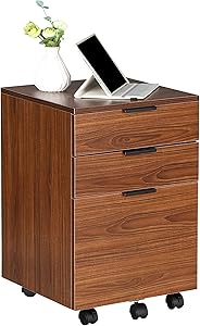 JJS 3 Drawer Rolling Wood File Cabinet with Locking Wheels, Home Office Portable Vertical Mobile Wooden Storage Filing Cabinet for A4 or Letter Size, All Brown