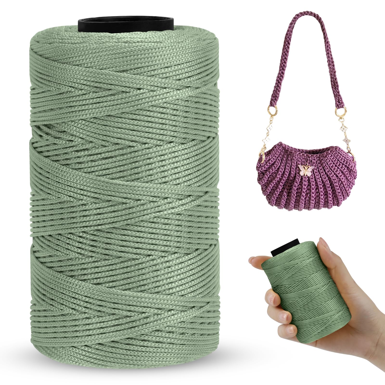 LEREATI Polyester Macrame Cord 1mm x 230m, Polyester Yarn for Crocheting, Braided Polypropylene Crochet Bag Cord Macrame Yarn for Handbag, Beading, DIY Crafts (Bean Green)