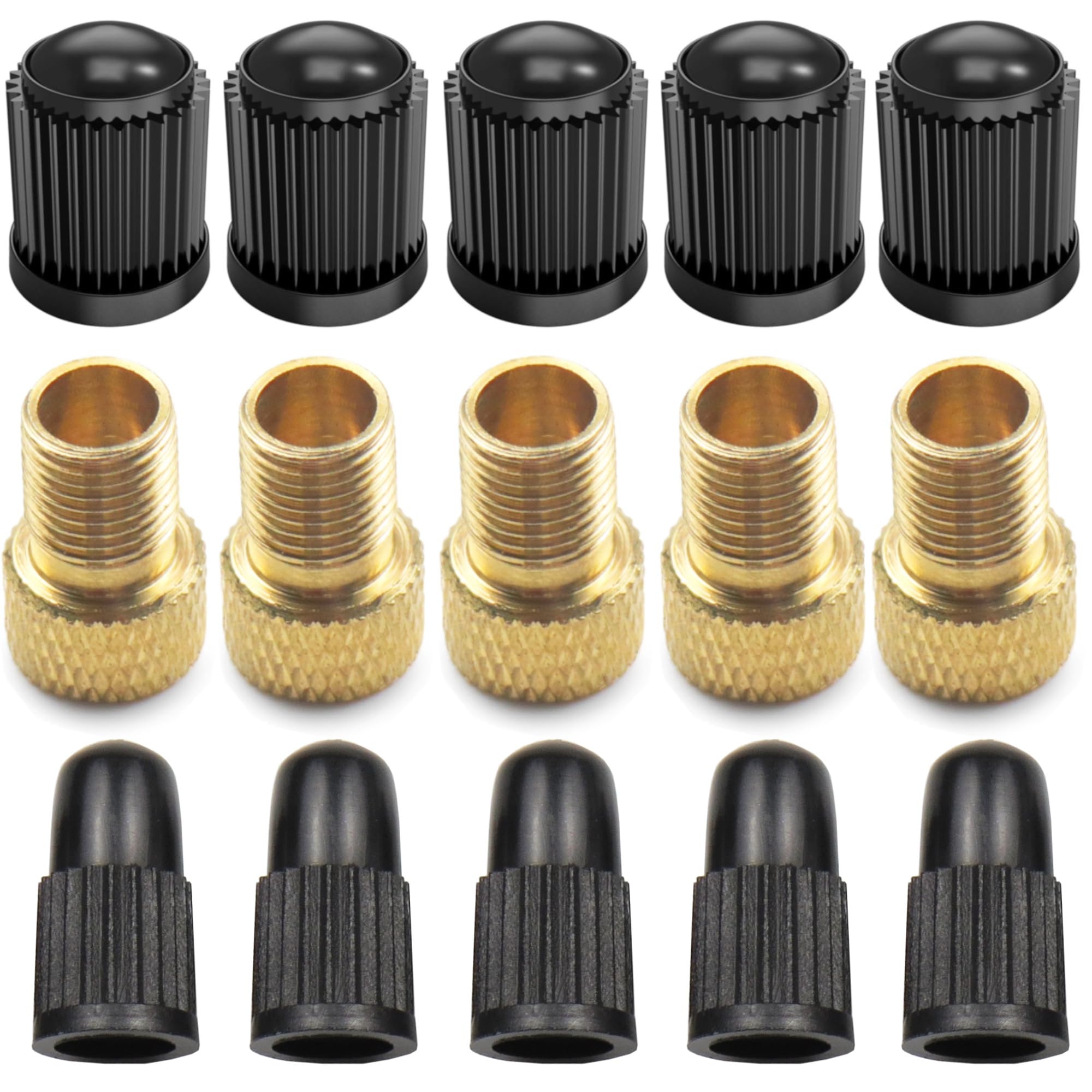 Pitlane Performance® Valve Adapter Kit for Bikes – Brass Presta to Schrader Adapters + Valve Caps for Bicycles, E‑Bikes, Scooters (Set of 15)
