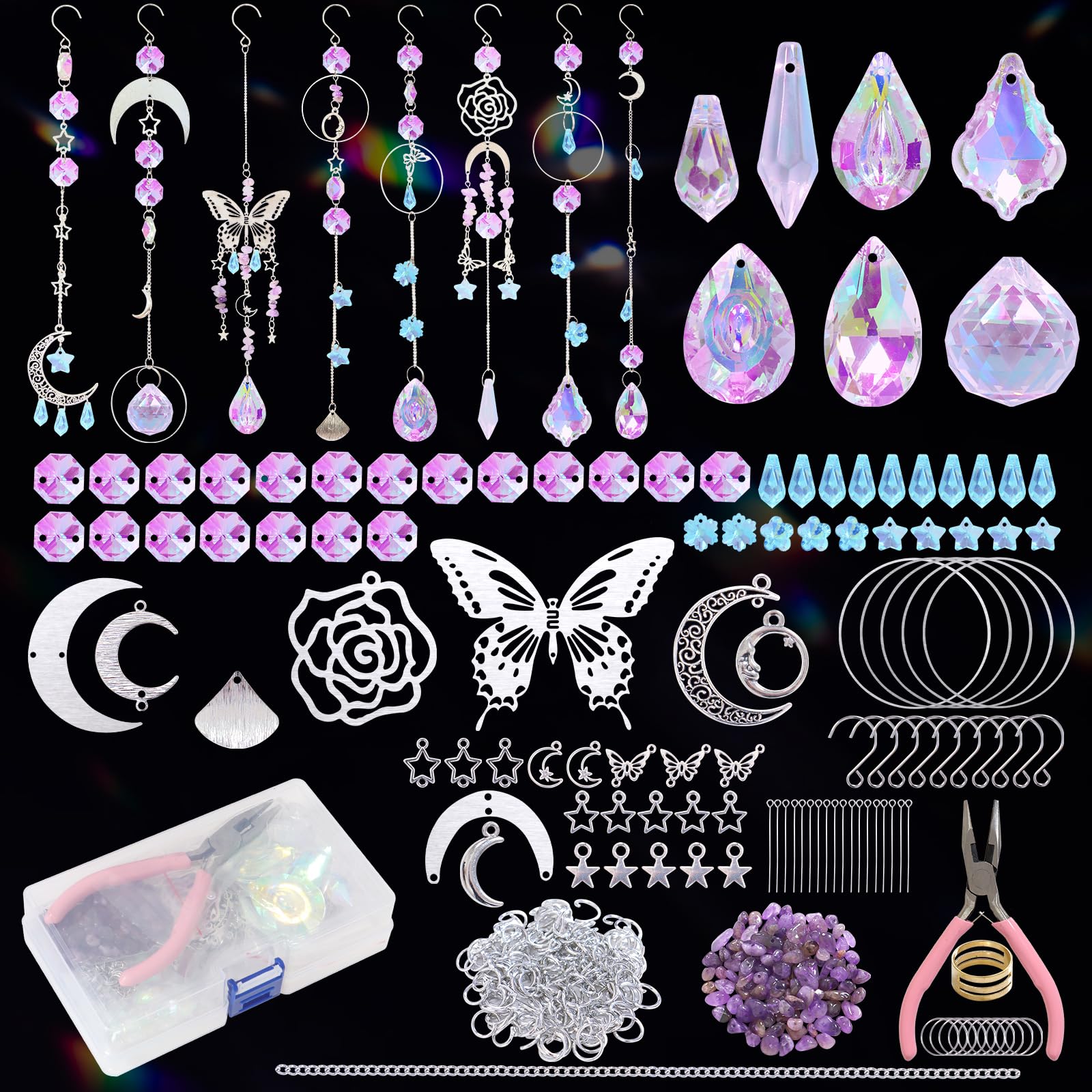 UXORSN 367Pcs Crystal Suncatcher Making Kits Silver Butterfly Stars Moon Pendants with Chain DIY Suncatcher Crafts for Adults Hanging Prism Ornament Sun Catcher for Window Home Wedding Garden Decor
