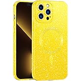 CUZMIGO for iPhone 14 Pro Max Case Glitter Magnetic Compatible with Magsafe, Shiny Bling Sparkle Phone Cases for Women Girls, Slim Fit Soft TPU Shockproof Cover with Camera Protection, Neon Yellow