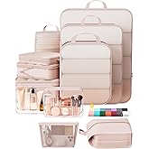 Veken 11 Set Compression Packing Cubes for Travel Essentials,Compressible Expandable Large Luggage Suitcase Organizer Bags for Clothing,Durable Space Saver Storage Bags with Toiletry Bags(Beige)
