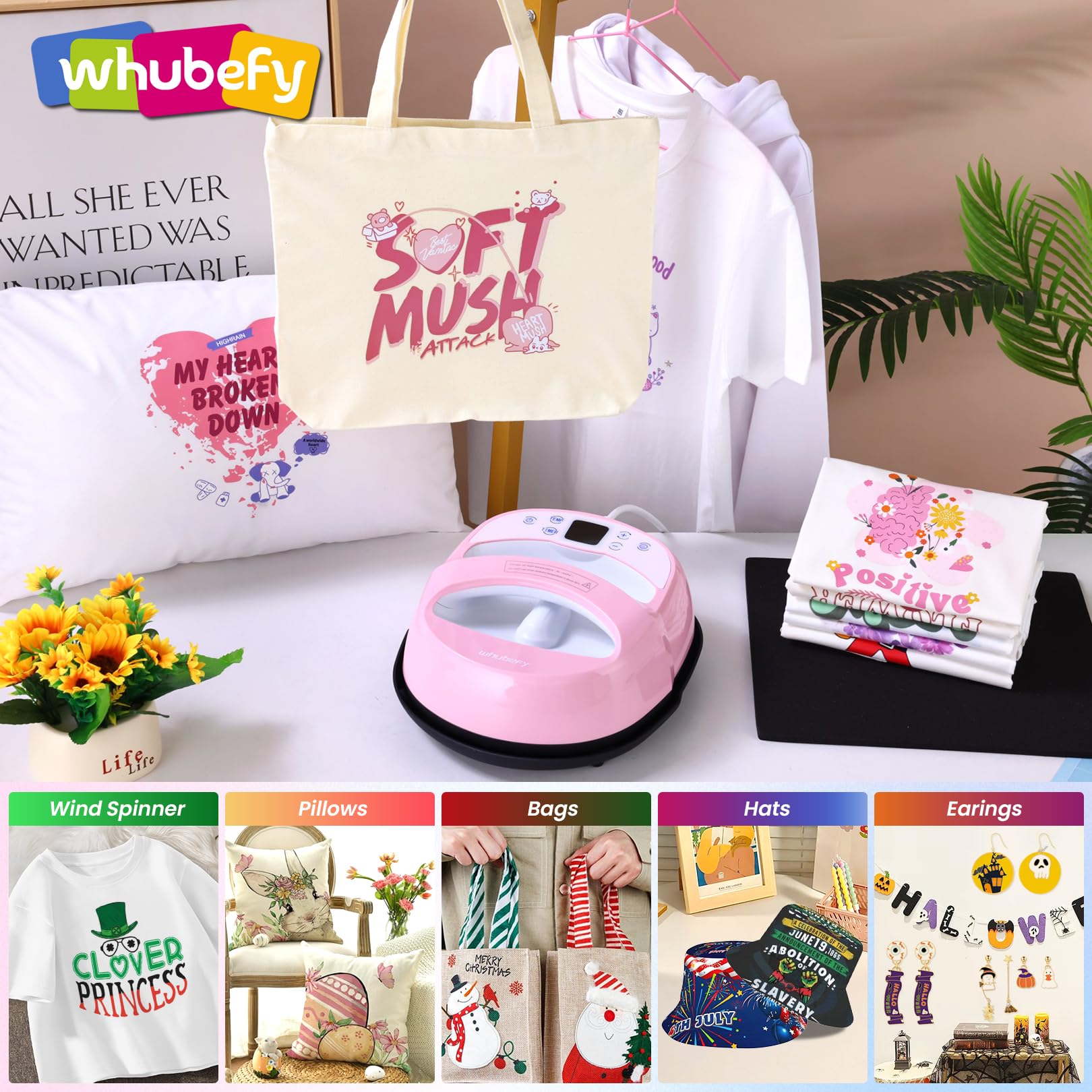 Whubefy Heat Press Machine for T Shirts 12x10 Portable Easy Iron Press with Insulated Safety Base & Auto-Off, 550W Dual-Tube Fast Heating & Precise Temperature Control for Wind Spinner, Bags, Pillows
