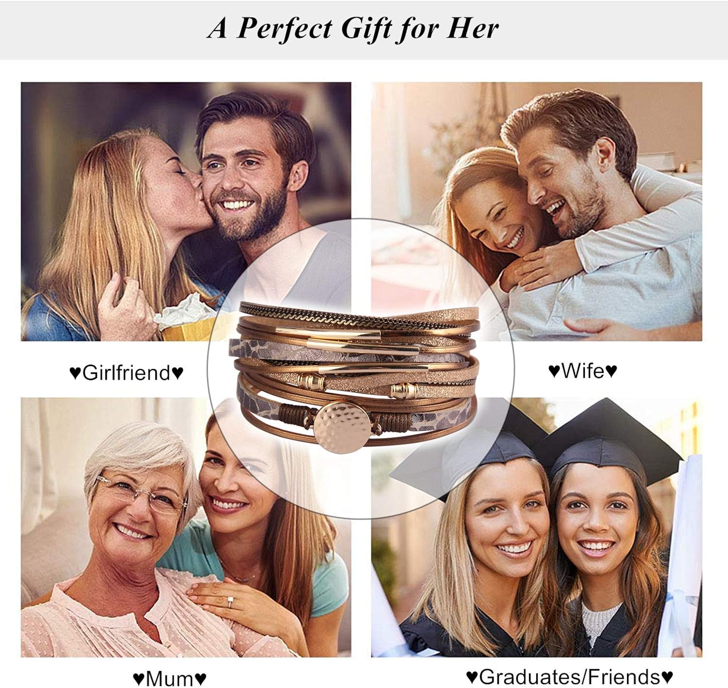 AZORA Leather Wrap Bracelets for Women Goldplated Metal Crescent Cuff Bracelet with Magnetic Buckle Casual Bohemian Wrist Bangle Jewelry Gift for Ladies Teen Girls Sister Mum: Jewelry