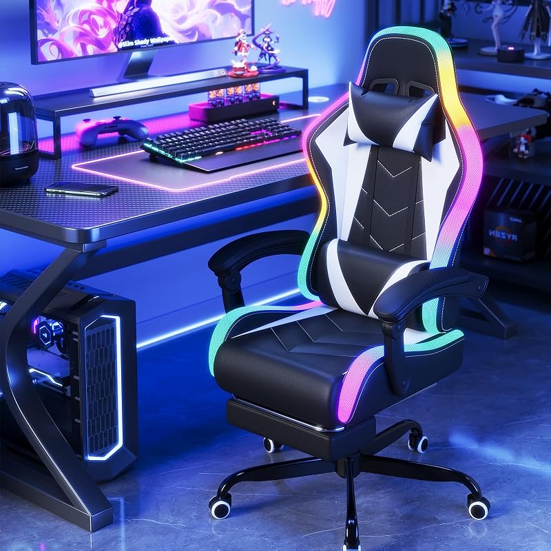 Silla de Gaming con LED, Cool Racing Gamer, Silla ergonómica de Oficina con función de Masaje, Respaldo Ajustable de 90 a 135°, con reposapiés telescópico, Silla de Gaming de 150 kg, Blanco — foto 2 de 8