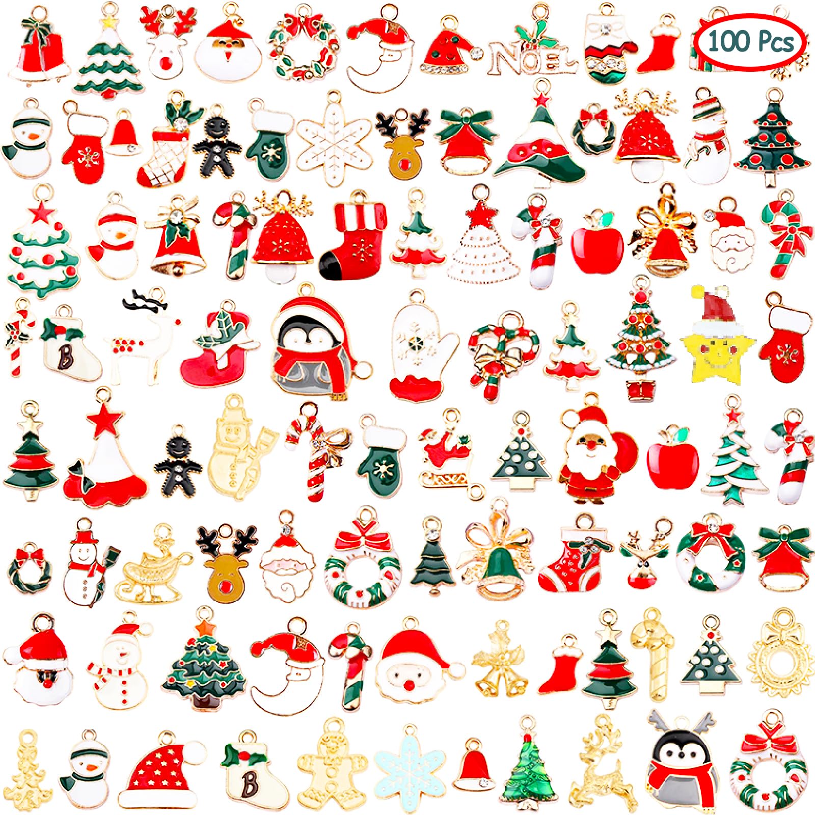 Acuiwer 100PCS Christmas Charms for Jewelry Making Alloy Assorted Enamel Charms Jewelry (Xmas-100PCS)