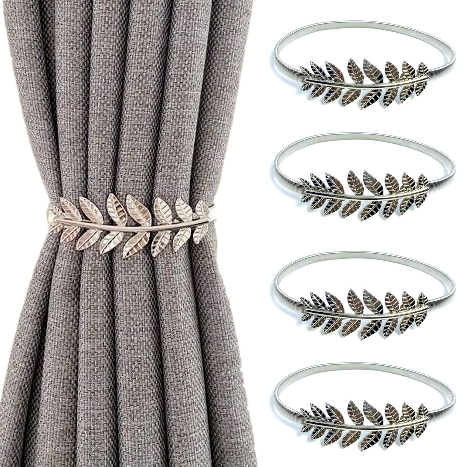4 Pack Adjustable Silver Leaf Curtain Tie Backs, Elastic Alloy Curtain Straps, Spring Curtain Holdbacks with Leaves Design, Buckle Clips for Home Bedroom Window Decoration