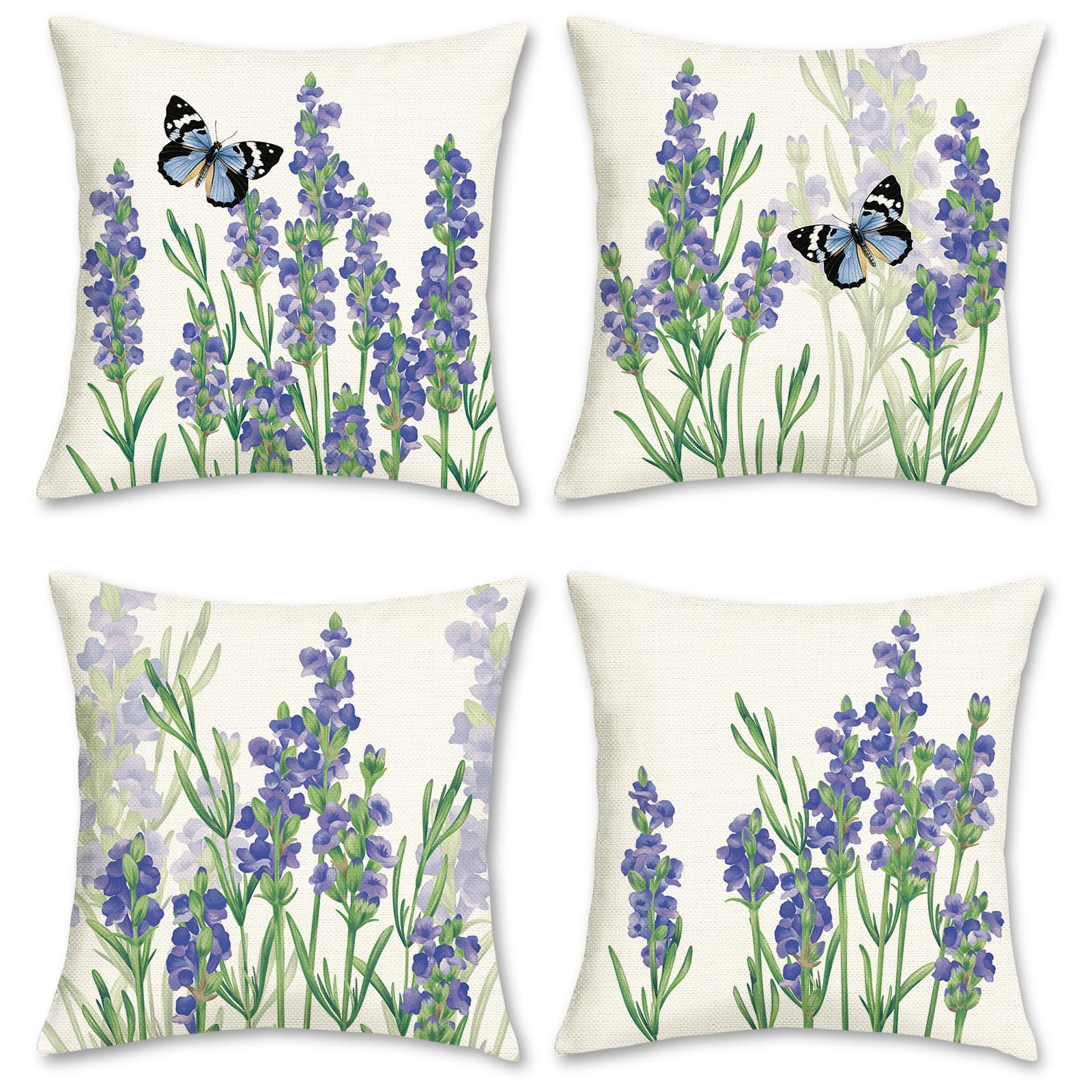 Bonhause Lavender Flower Cushion Covers 45 x 45 cm Purple Floral Spring Decorative Pillow Covers Polyester Linen Pillowcases for Sofa Bed Home Garden Patio Outdoor Decor Set of 4