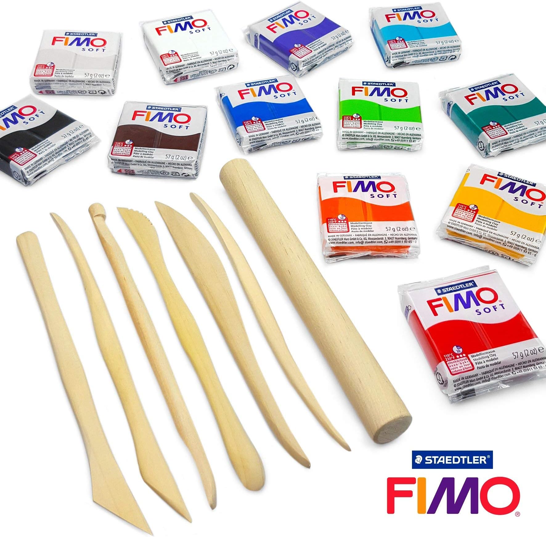 FIMO Soft Modelling Clay Professional Set -12 x 57g + 7 Pro Moulding Instruments