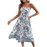 Floerns Women's Boho Floral Spaghetti Strap Dress Shirred Flared A Line Midi Dress