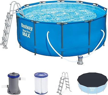Bestway Steel Pro Max 366x122 Cm Stabiler Frame Pool Rund Im Komplett Set Inklusive Filterpumpe Sicherheitsleiter Und Pvc Abdeckplane Amazon De Garten