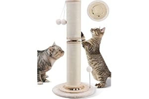 OTOB 32" Tall Cat Scratching Post, 4.3Inch Large Diameter Natural Sisal Rope Scratcher Post, 5-in-1 Interactive Turntable Cat Scratch Post with Soft Hanging Ball Toys for Indoor Large Cats Kittens