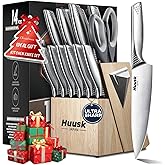 Huusk Knife Set with Block and Sharpener, 14 Pcs Japanese Stainless Steel Kitchen Knife Sets Dishwasher Safe, Sharp Silver Professional Knives Set with Box for Kitchen, Christmas Gifts for Men Women